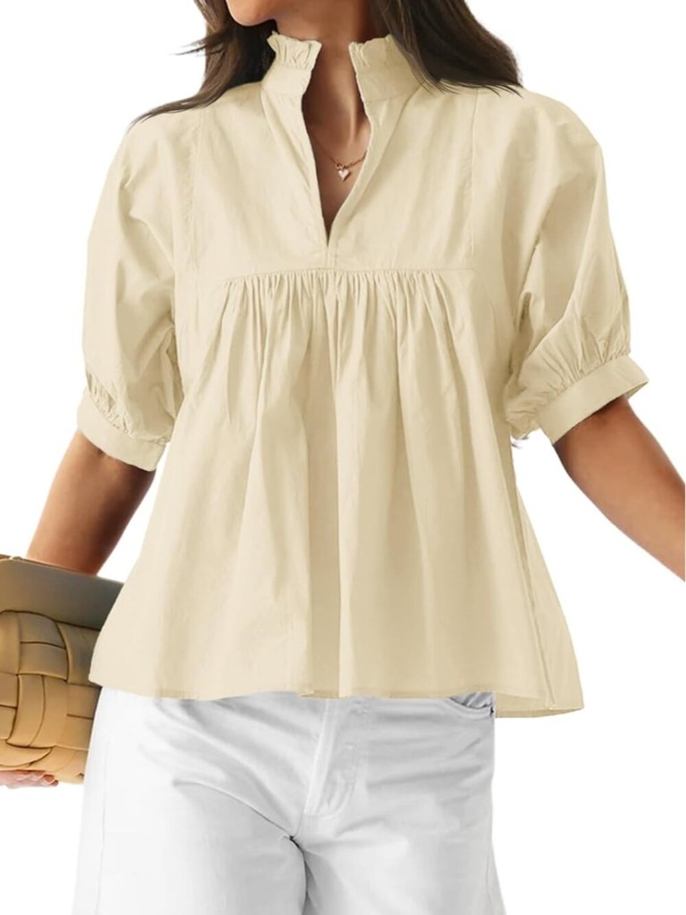 Womens Babydoll Peplum Tops Summer V Neck Puff Sleeve Blouses